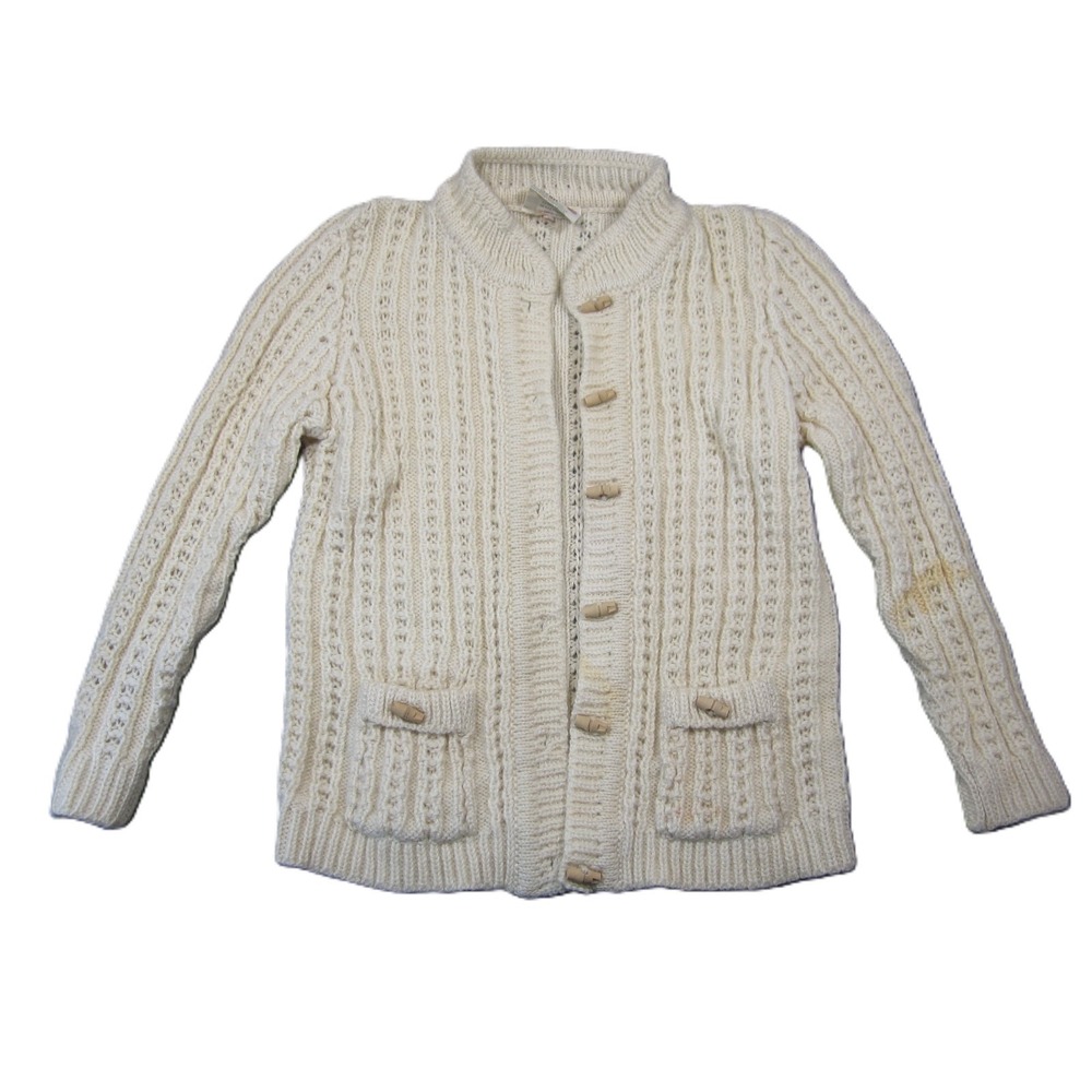 VTG Gaeltarra Handloomed Aran Cardigan 36 Cream Wool‎ Knit Grandma Cottage Cabin